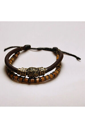Antik Desenli Metal Figürlü Kahverengi Deri Ve Ahşap Boncuklu Iki Parça Bileklik