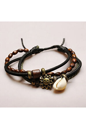 Güneş ve Deniz Kabuğu Figürlü Ahşap ve Metal Boncuklu Deri ve İp 4 Parça Ayarlanabilir Bileklik
