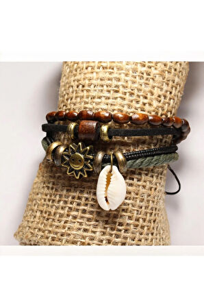 Güneş ve Deniz Kabuğu Figürlü Ahşap ve Metal Boncuklu Deri ve İp 4 Parça Ayarlanabilir Bileklik