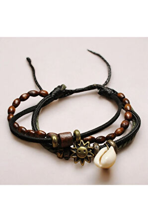 Güneş ve Deniz Kabuğu Figürlü Ahşap ve Metal Boncuklu Deri ve İp 4 Parça Ayarlanabilir Bileklik