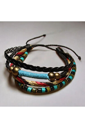 Bahar Temalı Ahşap, Metal Ve Boncuk Işlemeli Deri & Ip Sargılı Ayarlanabilir Bileklik
