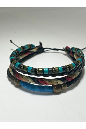 Bahar Temalı Ahşap, Metal Ve Boncuk Işlemeli Deri & Ip Sargılı Ayarlanabilir Bileklik