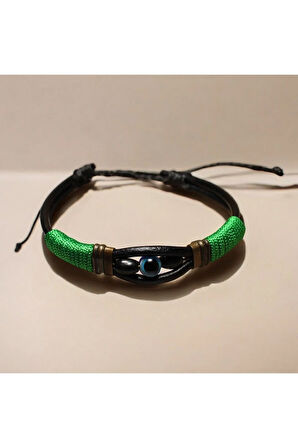 Nazar Boncuklu - Deri - Yeşil Ip Örgülü Bileklik