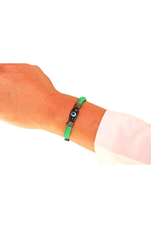 Nazar Boncuklu - Deri - Yeşil Ip Örgülü Bileklik