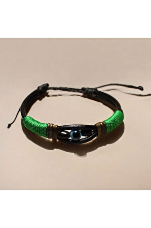 Nazar Boncuklu - Deri - Yeşil Ip Örgülü Bileklik