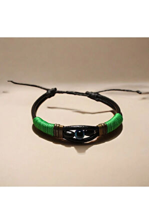 Nazar Boncuklu - Deri - Yeşil Ip Örgülü Bileklik