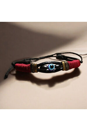 Nazar Boncuklu - Deri - Kırmızı İp Örgülü Bileklik