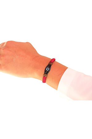 Nazar Boncuklu - Deri - Kırmızı İp Örgülü Bileklik