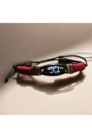 Nazar Boncuklu - Deri - Kırmızı İp Örgülü Bileklik