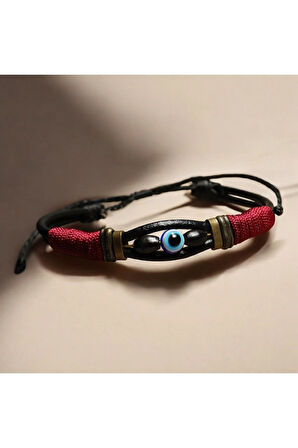 Nazar Boncuklu - Deri - Kırmızı İp Örgülü Bileklik