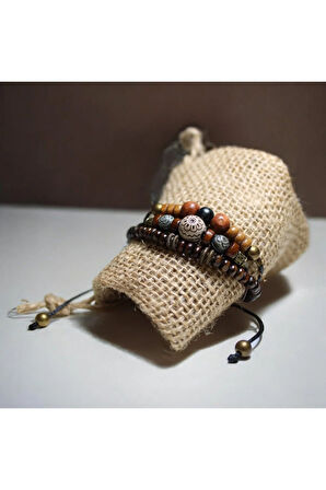 Ahşap Ve Metal Boncuk Kombin 3 Parça Salaş Bileklik