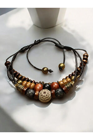Ahşap Ve Metal Boncuk Kombin 3 Parça Salaş Bileklik