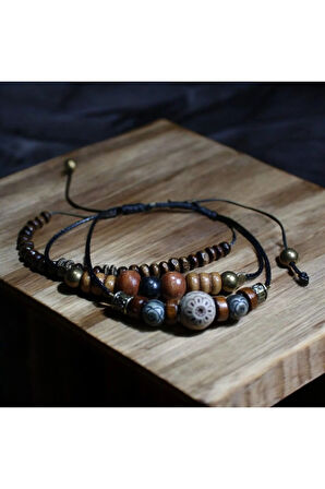 Ahşap Ve Metal Boncuk Kombin 3 Parça Salaş Bileklik