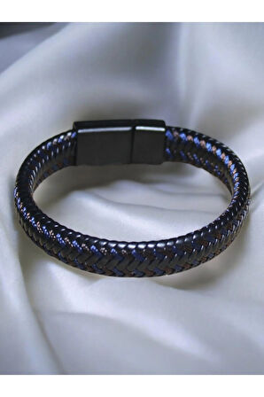 Örgü Erkek Deri Bileklik Mıknatıslı Kapama Siyah Deri içinde Kahverengi Lacivert Örgülü