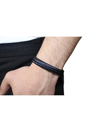Örgü Erkek Deri Bileklik Mıknatıslı Kapama Siyah Deri içinde Kahverengi Lacivert Örgülü