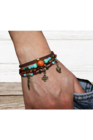 Yaprak - Çiçek Figürlü Bahar Temalı Renkli Boncuklu Ayarlanabilir Bileklik - Baharın Renkleri