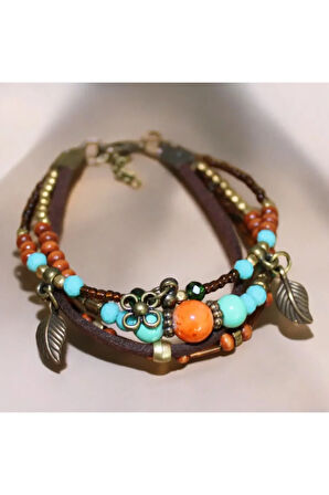 Yaprak - Çiçek Figürlü Bahar Temalı Renkli Boncuklu Ayarlanabilir Bileklik - Baharın Renkleri