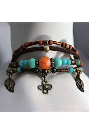 Yaprak - Çiçek Figürlü Bahar Temalı Renkli Boncuklu Ayarlanabilir Bileklik - Baharın Renkleri