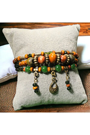 Metal Sallantı Boncuklu Ahşap ve Metal Kombinasyonlu Bileklik, Ayarlanabilir Klips Kapama