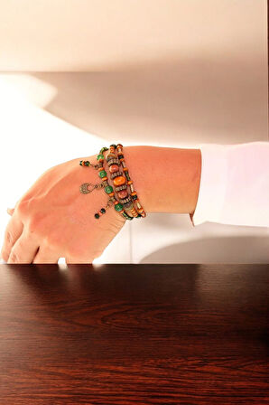 Metal Sallantı Boncuklu Ahşap ve Metal Kombinasyonlu Bileklik, Ayarlanabilir Klips Kapama