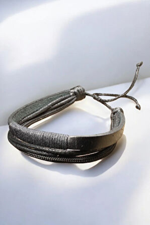 Erkek Siyah Deri Bileklik İp Sargılı Asansör Kapama