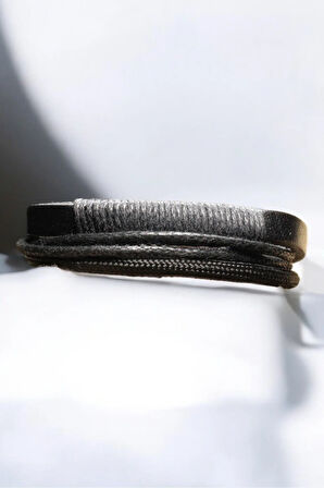 Erkek Siyah Deri Bileklik İp Sargılı Asansör Kapama