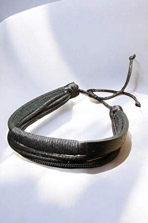 Erkek Siyah Deri Bileklik İp Sargılı Asansör Kapama