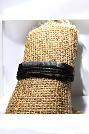 Erkek Siyah Deri Bileklik İp Sargılı Asansör Kapama