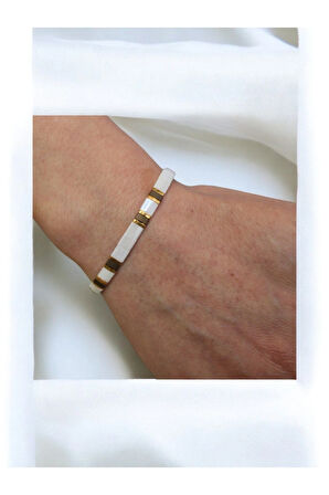 Tila Boncuklarla Zarif ve Renkli Bileklikler Serisi -  Antik Sarı - Beyaz