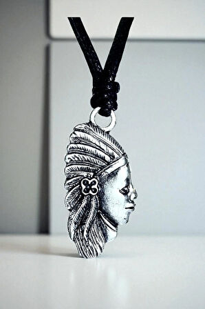 Kızılderili Zamak Motifli Tasarım Ayarlanabilir Pamuk İp Kolye 01