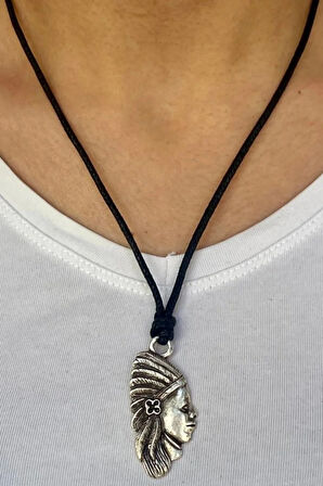 Kızılderili Zamak Motifli Tasarım Ayarlanabilir Pamuk İp Kolye 01