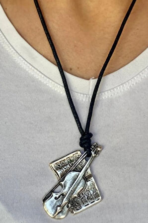 Keman Zamak Motifli Ayarlanabilir Pamuk İp Tasarım Kolye 08