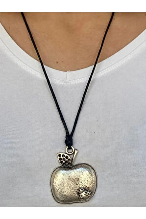 Elma Zamak Motifli Ayarlanabilir Pamuk İp Tasarım Kolye 10