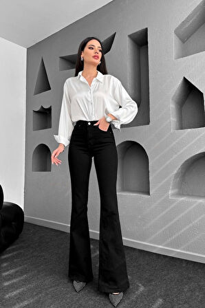 Yüksek Bel Ispanyol Paça Siyah Jeans Kot Pantolon
