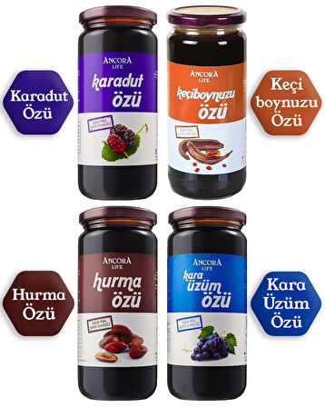 4'lü Ekonomi Paketi-Karadut Özü/Hurma Özü/Kara Üzüm Özü/Keçiboynuzu Özü-Şeker İlavesiz Soğuk Sıkım