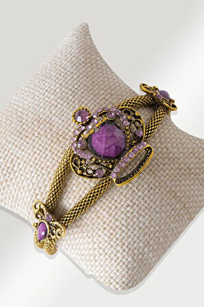 Sertifikalı Zirkon Taşlı Model Mor Akik Taşı Bileklik - Ayarlamalı