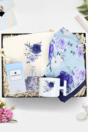 Ham Bez El Çantası & Mavi Tasarım Fular & Perceive Kadın Parfüm & Baskılı T Kupa Hediye Seti