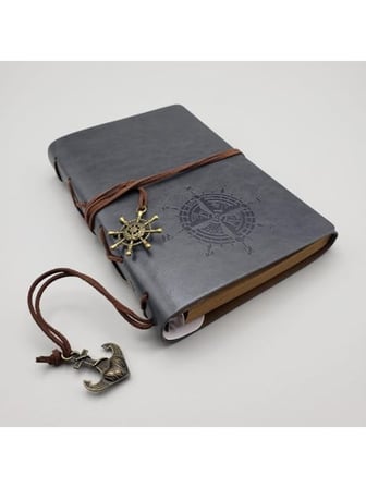 Özel Tasarım Gri Deri Günlük Defter, Vintage Pusula