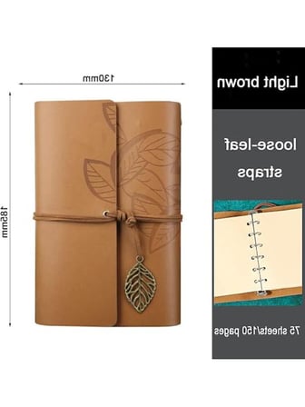 Retro Tasarımlı Yaprak Baskılı Deri Kapaklı Günlük Defter, Açık Kahverengi
