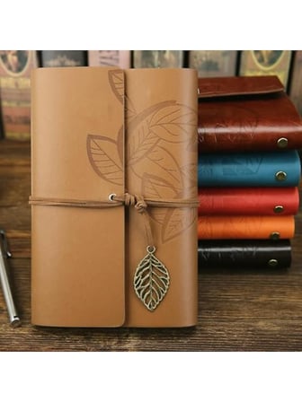 Retro Tasarımlı Yaprak Baskılı Deri Kapaklı Günlük Defter, Açık Kahverengi