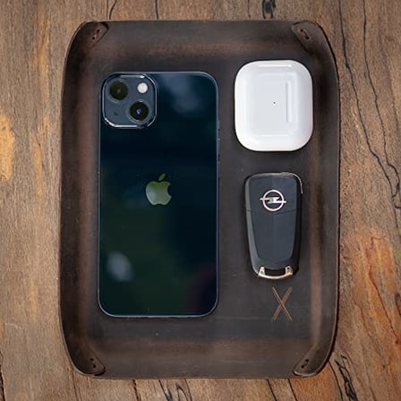 Masaüstü Organizer, Toplayıcı, Hakiki Deri Vale Tepsisi, Telefon pedi, Deri Sümen, Deri Pad, Deri Kase, Zarf ve Mektup Tepsisi, vallet tray, catch it all tray, leather (Kestane - Koyu Kahverengi)