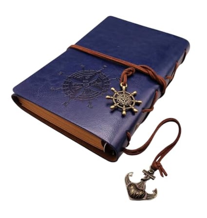 Retro Vintage Pusula Baskılı Çapa Ve Dümen Kolye Uçlu Deri Kapaklı Günlük Not Defteri Denizci Defter Özel Tasarım Hediyelik Mavi
