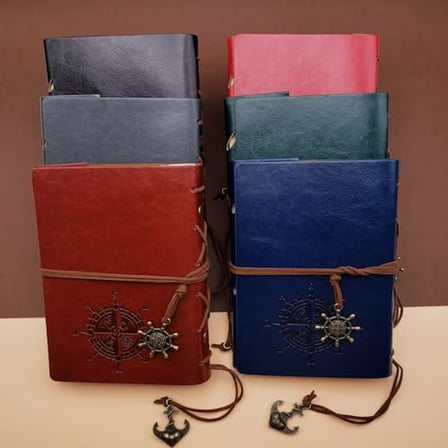 Retro Vintage Pusula Baskılı Çapa Ve Dümen Kolye Uçlu Deri Kapaklı Günlük Not Defteri Denizci Defter Özel Tasarım Hediyelik Mavi