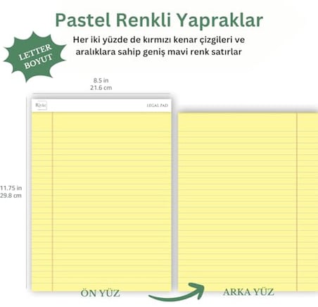 Letter Boyut (216 x 297mm), Sarı renkli Legal Pad, Notluk, Notepad, Defter, 50 Yaprak, Geniş Satır aralığı, okul, iş ve ofis için, Türk Malı