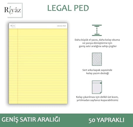 Letter Boyut (216 x 297mm), Sarı renkli Legal Pad, Notluk, Notepad, Defter, 50 Yaprak, Geniş Satır aralığı, okul, iş ve ofis için, Türk Malı