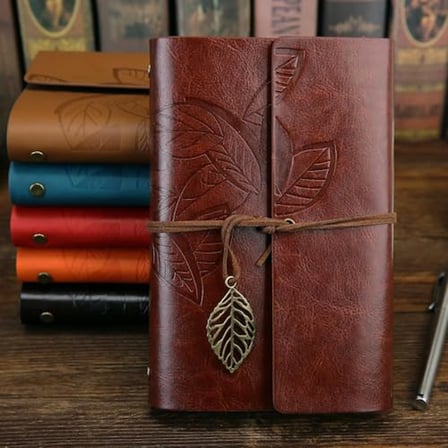 Retro Vintage Yaprak Baskılı Kolye Uçlu Deri Kapaklı Günlük Not Defteri Özel Tasarım Hediyelik Kahverengi
