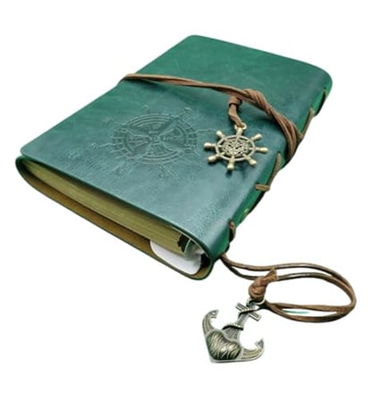 Retro Vintage Pusula Baskılı Çapa Ve Dümen Kolye Uçlu Deri Kapaklı Günlük Not Defteri Denizci Defter Özel Tasarım Hediyelik Yeşil