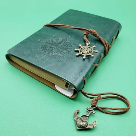 Retro Vintage Pusula Baskılı Çapa Ve Dümen Kolye Uçlu Deri Kapaklı Günlük Not Defteri Denizci Defter Özel Tasarım Hediyelik Yeşil