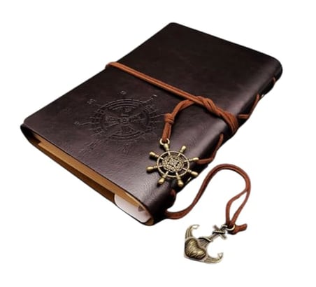Retro Vintage Pusula Baskılı Çapa Ve Dümen Kolye Uçlu Deri Kapaklı Günlük Not Defteri Denizci Defter Özel Tasarım Hediyelik Siyah
