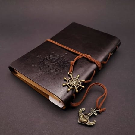 Retro Vintage Pusula Baskılı Çapa Ve Dümen Kolye Uçlu Deri Kapaklı Günlük Not Defteri Denizci Defter Özel Tasarım Hediyelik Siyah